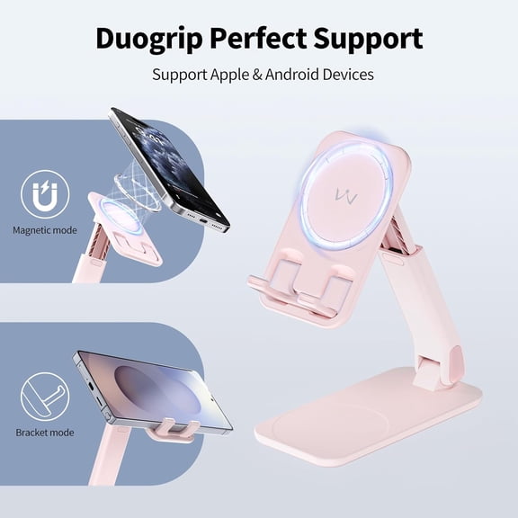 LYUSCI-Magnetic Cell Phone Stand for Desk, Angle and Height Adjustable Mobile Phone Holder, Foldable Magnet Stand for iPhone 17 16 15 14 13 12 Pro Max and iPad, Cell Phone Holder for Samsung, Pink