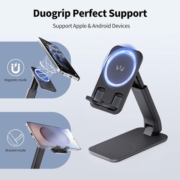 LYUSCI-Magnetic Cell Phone Stand for Desk, Angle and Height Adjustable Mobile Phone Holder, Foldable Magnet Stand for iPhone 17 16 15 14 13 12 Pro Max and iPad, Cell Phone Holder for Samsung, Black