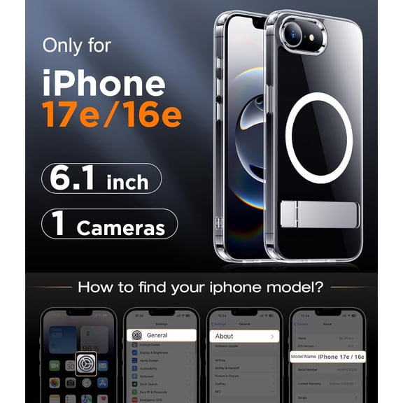 LYUSCI-Magnetic Compatible with iPhone 17e Case & iPhone 16e Case,[Built-in Invisible Kickstand][Compatible with MagSafe][Military Grade Shockproof] Slim Thin Clear Phone Case for iPhone 16e/17e 6.1"