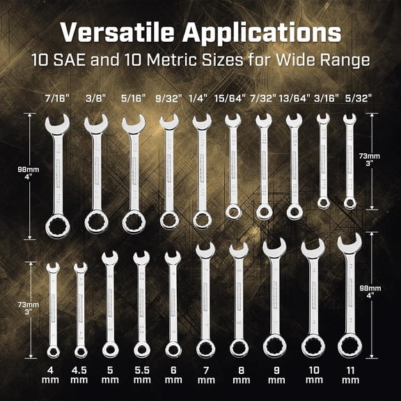 LYUSCI-Midget Wrench Set, SAE & Metric, 20-Piece, Mini Combination Wrench Set, Lightweight, with Rolling Pouch For Plumbing in Tight Spaces