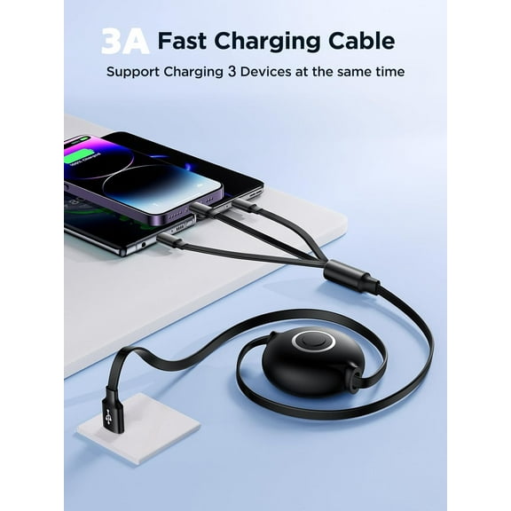 LYUSCI-Multi Charging Cable 3A Retractable Multi Charging Cord 3 in 1 Fast Charger Multiple Charger USB Cable with Lightning/Type C/Micro USB for Cell Phones/IP/Galaxy/PS/Tablets/iPads