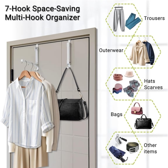 LYUSCI-Over The Door Hooks, Heavy Duty 7-Hook Metal Door Hanger for Coats, Clothes Drying Rack, Extra Large Hook for Bags, Foldable Portable Space Saving - Entryway Bedroom Laundry Room Travel, White