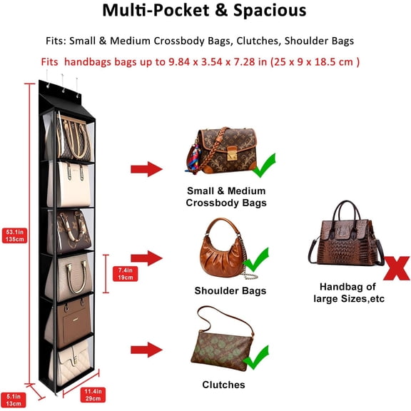 LYUSCI-Over The Door Purse Organizer & Purse Shelf for Closet  Handbag Storage Organizer with Purse Hanger. Perfect for Scarves, Hats, and Leggings. S (11.8'' x 5'' x 51.6''), Black