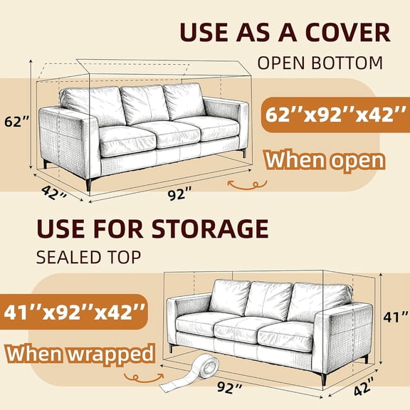 LYUSCI-Plastic Clear Sofa Furniture Covers for Moving Storage, Waterproof and Dust Proof, Extra Large Clear Furniture Moving Covers for Couch with Label, Bag Open Size 92x 62 x 42 Inch