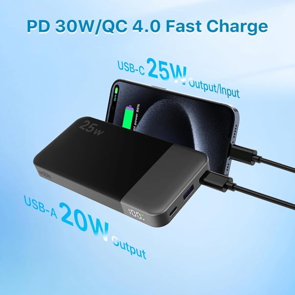 LYUSCI-Portable Charger, 10000mAh Power Bank Fast Charging, Battery Pack with C to C Cable, Battery Bank with Digital Display for iPhone iPad Android etc
