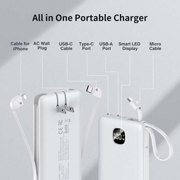 LYUSCI-Portable Charger with Built-in Cables&AC Wall Plug,Slim 10000mAh 22.5W Fast Charging Power Bank,5 Output 2 Input USB-C External Battery Pack Compatible with iPhones,Samsung,Android, etc