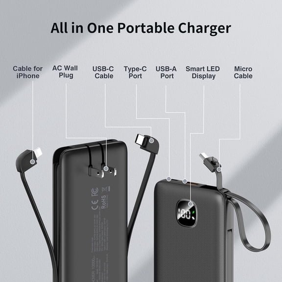 LYUSCI-Portable Charger with Built-in Cables&AC Wall Plug,Slim 10000mAh 22.5W Fast Charging Power Bank,5 Output 2 Input USB-C External Battery Pack Compatible with iPhones,Android,Samsung, etc