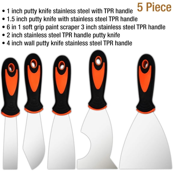 LYUSCI-Putty Knife Set, 5 Pcs Paint Scraper (1" 1.5" 2" 3" 4"), Multi-use Scraper Tool, Spackle Knife for Drywall Repair, Wallpaper Removal, Paint Application, Applying Putty, Plaster