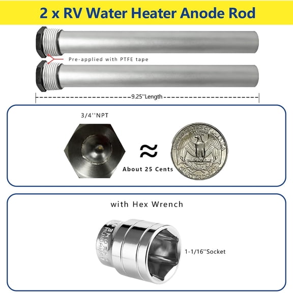 LYUSCI-RV Water Heater Anode Rod 9.25" L x 3/4" NPT Magnesium Anode Rod for Hot Water Heater RV Anode Rod for Suburban & Mor-Flo with Hex Wrench Socket, Black Nuts, 2-Pack