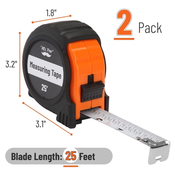 LYUSCI-- Retractable Tape Measure 25 ft, 2 Pack, Orange, Easy Read, Steel Retractable Measuring Tape with Fractions, Ideal for Construction & DIY Projects