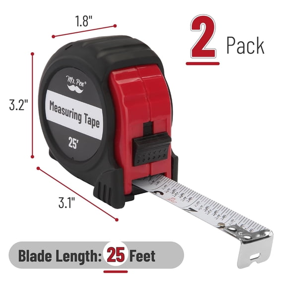 LYUSCI-- Retractable Tape Measure 25 ft, 2 Pack, Red, Easy Read, Steel Retractable Measuring Tape with Fractions, Ideal for Construction & DIY Projects