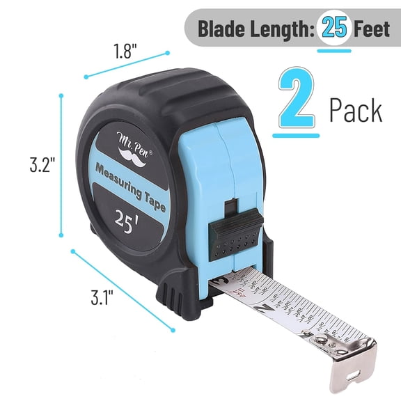 LYUSCI-- Retractable Tape Measure 25 ft, 2 Pack, Sky Blue, Easy Read, Steel Retractable Measuring Tape with Fractions, Ideal for Construction & DIY Projects