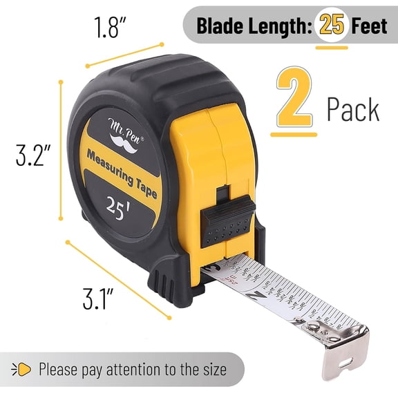 LYUSCI-- Retractable Tape Measure 25 ft, 2 Pack, Yellow, Easy Read, Steel Retractable Measuring Tape with Fractions, Ideal for Construction & DIY Projects