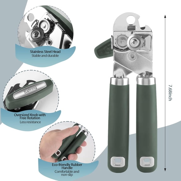 LYUSCI-Safring Can Opener Manual, Heavy Duty Handheld Strong Can Opener with Soft Touch Handle, Sharp Blade Smooth Edge, Can Openers with Multifunctional Bottle Opener, Hunter Green