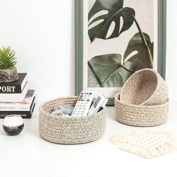LYUSCI-Set of 3 Cotton Rope Nesting Bowls, Small Catch All Basket, Cute Closet Baskets and Bins for Shelves, Mini Table Basket Organizer for Small Accessories, Light Brown