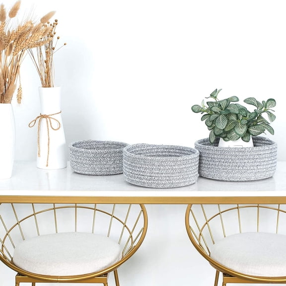 LYUSCI-Set of 3 Cotton Rope Nesting Bowls, Small Catch All Basket, Cute Closet Baskets and Bins for Shelves, Mini Table Basket Organizer for Small Accessories, Light Gray Mix