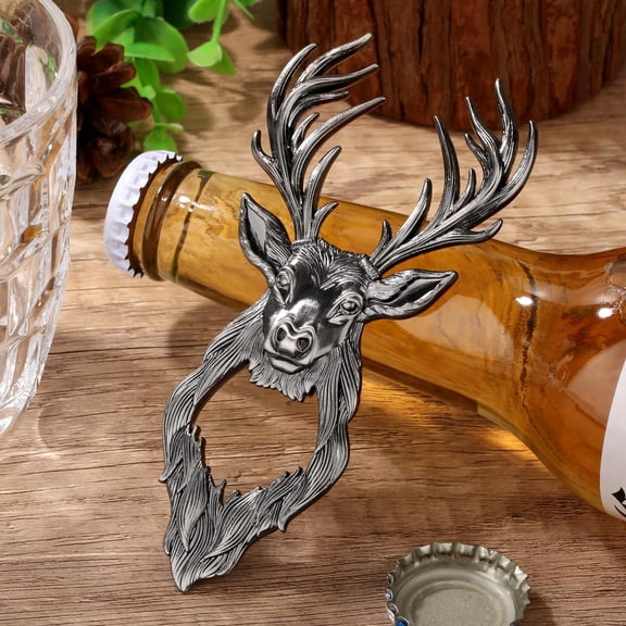 LYUSCI-Silver Metal Deer Head Bottle Opener, Stag Beer Opener with Gift Bag, Deer Accessory, Beer Gifts for Him Dad, Antler Gifts for Hunters, Present for Men, Small Stocking Filler