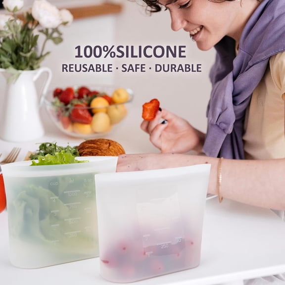 LYUSCI-Small Reusable Silicone Food Storage Bags 4 Pack, 33fl oz/1000ml, 100% Silicone Stand-Up Wide-Open Zip-Lock Reusable Bags for Small Items, Microwave Freezer Oven Dishwasher Safe, Translucent