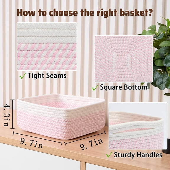 LYUSCI-Small Square Shallow Baskets for Organizing, 9.7x9.7x4.3 Inch Rope Woven Storage Bins for Cubes Closet, Shelves Storage, Boho Decorative Basket, 2 Packs Off White Pink