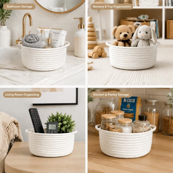 LYUSCI-Small Woven Baskets with Handle, Set of 3 Cotton Rope White Baskets for Organizing, Cute Mini Tiny Decorative Boho Round Storage Basket Bathroom Organizer Bin, Empty Gift Basket for Birthday N