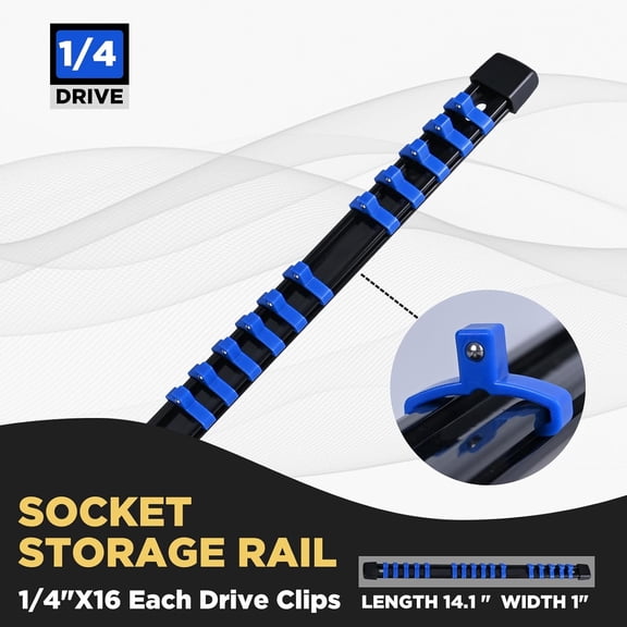 LYUSCI-Socket Organizer, 1/4-Inch Drive Heavy Duty Socket Holder Kit ABS, Socket Rail 1/4-Inch x 16 Clips Blue, 3 Pieces