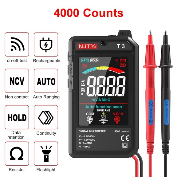 LYUSCI-T3 Smart Digital Multimeter, Ultra-Thin Rechargeable Voltmeter with 3.2" Color LCD, Auto-Ranging 600V AC/DC Tester for Resistance NCV Live Wire Detection