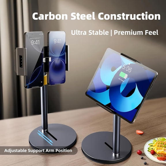 LYUSCI-Tablet Stand for Desk, Height Adjustable 9.84-20" iPad Stand Holder with Dual Device Support, Heavy Duty Metal Base 360 Rotation Portable Monitor Stand for iPad Pro Samsung Tab Kindle Phone