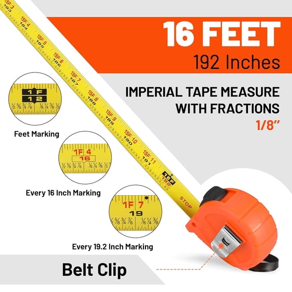 LYUSCI-Tape Measure 16FT with Fractions 1/8, 3 Pack Retractable Easy Read Measuring Tape, Imperial Pocket Measurement Tape with Metal Belt Clip for Construction, Contractor, Carpenter, Woodworking