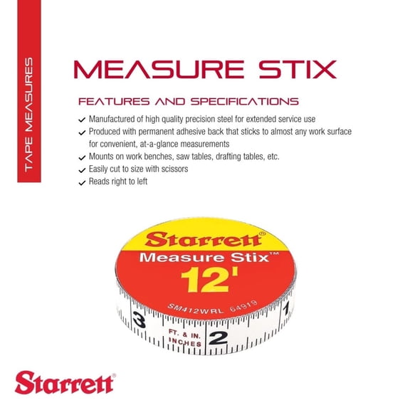 LYUSCI-Tape Measure Stix with Adhesive Backing - Mount to Work Bench, Saw and Drafting Table- 1/2" x 144" (12'), S1 Style Number, English Metric, Right-Left Reading - SM412WRL