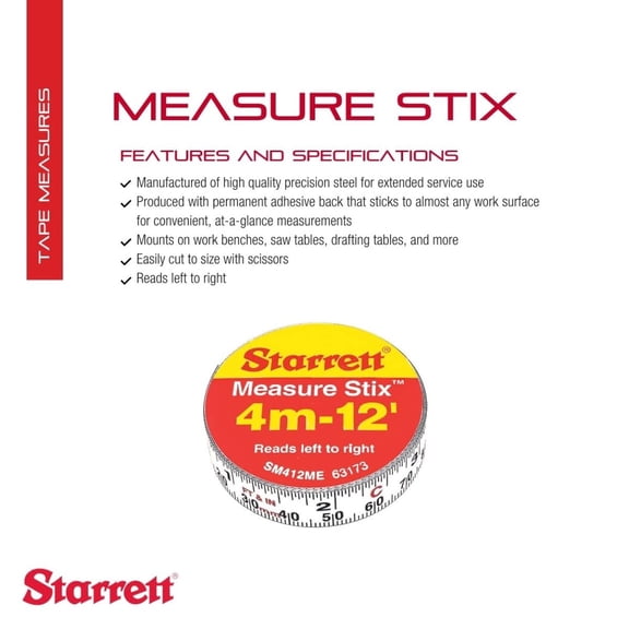 LYUSCI-Tape Measure Stix with Adhesive Backing - Mount to Work Bench, Saw and Drafting Table- 1/2" x 144" (12'), S12 Style Number, English Metric, Left-Right Reading - SM412ME