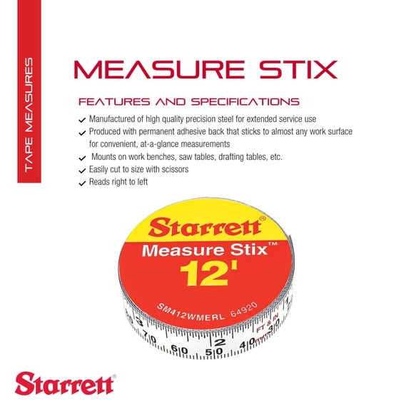 LYUSCI-Tape Measure Stix with Adhesive Backing - Mount to Work Bench, Saw and Drafting Table - 1/2" x 144" (12'), S12 Style Number, English Metric, Right-Left Reading - SM412WMERL