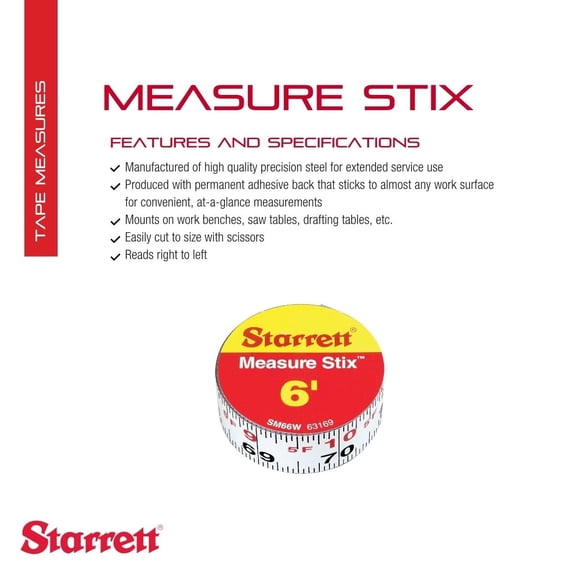 LYUSCI-Tape Measure Stix with Adhesive Backing - Mount to Work Bench, Saw and Drafting Table - 3/4" x 72" (6'), S1 Style Number, English Metric, Left-Right Reading - SM66W