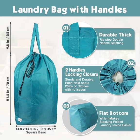 LYUSCI-Tear Proof Nylon Laundry Bag with Handles (2 Pack),Travel Laundry Bag with Drawstring Closure,Dirty Clothes Bag Fit Most Laundry Hamper or Basket,27.5x34.5 in,Blue Aqua