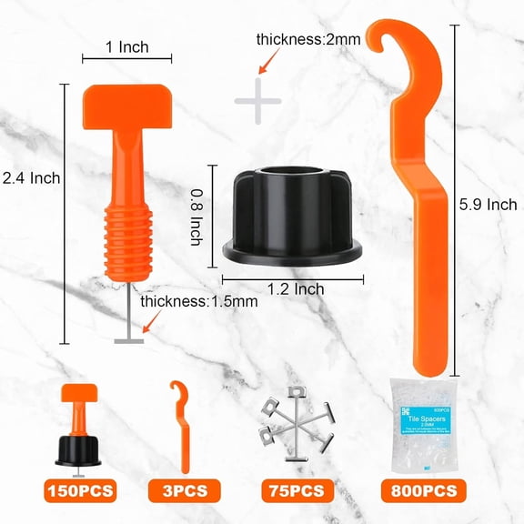 LYUSCI-Tile Leveling System Kit, 150 PCS 1/16'' Levelers, 800 PCS Spacer Clips and 75 Steel Wedges and 3 Wrenches, Reusable Tile Spacers Leveling System for Walls & Floors Installation