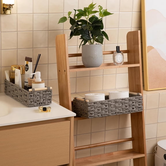 LYUSCI-Toilet Paper Baskets Handmade Paper Rope Decorative Wicker Storage Tank Shelf Cabinet Organizer for Bathroom Home, Set of 2, Grey