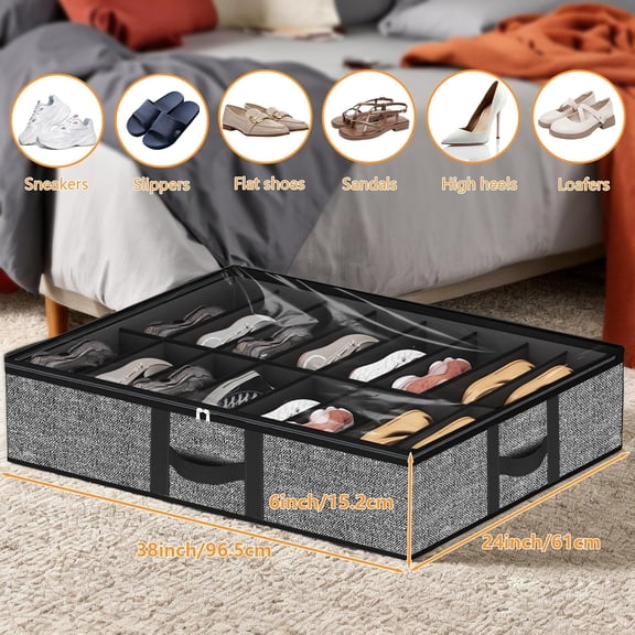 LYUSCI-Under Bed Shoe Storage Organizer Fits 16 Pairs Shoes and 4 Pairs Boots, Underbed Shoe Storage Boxes Bins, Organizador De Zapatos, Extra Large Zapateras Organizer for closet, Black, Set of 2