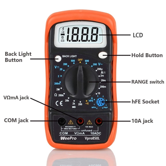 LYUSCI-Vpro850L Digital Multimeter DC AC Voltmeter, Ohm Volt Amp Test Meter, Electric Tester Ohmmeter with Diode and Continuity Detector, Backlit Display and Insulated Rubber Case Kickstand