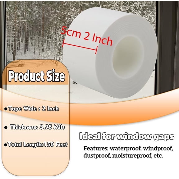 LYUSCI-Window Insulation for Winter Weather Sealing Tape 2 Inch x 50 Yards Weather Stripping Residue Free Draft Isolation Sealing Film Tape for Doors Windows and Shower Glass Gaps White Color