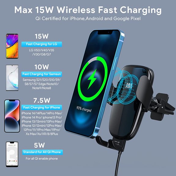 LYUSCI-Wireless Car Charger, 15W Qi Fast Charging Auto-Clamping Car Phone Mount Charger Air Vent Phone Holder for iPhone 14/13/12 mini/12 Pro Max/11 Pro Max/Xs MAX/XR/8+,Samsung S23/S22/S21/S20 Plus/