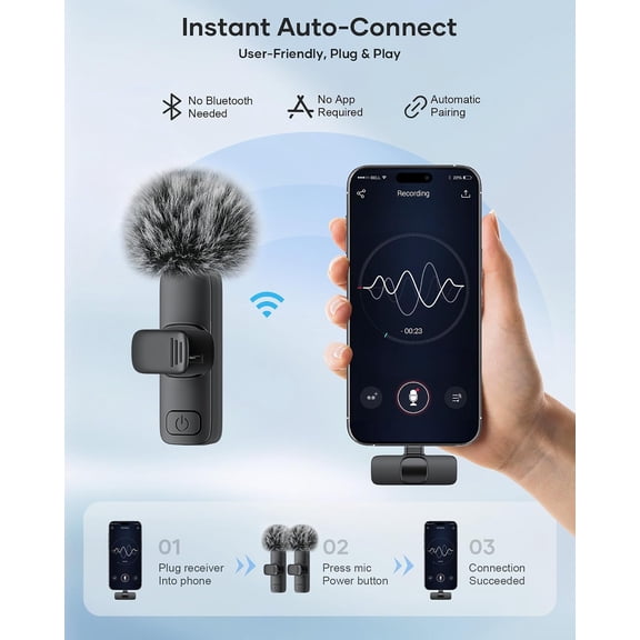 LYUSCI-Wireless Lavalier Microphone for iPhone iPad Android, 2 Pack Noise Reduction Lapel Mic Plug and Play for Video Recording Interview Podcast YouTube (Black)