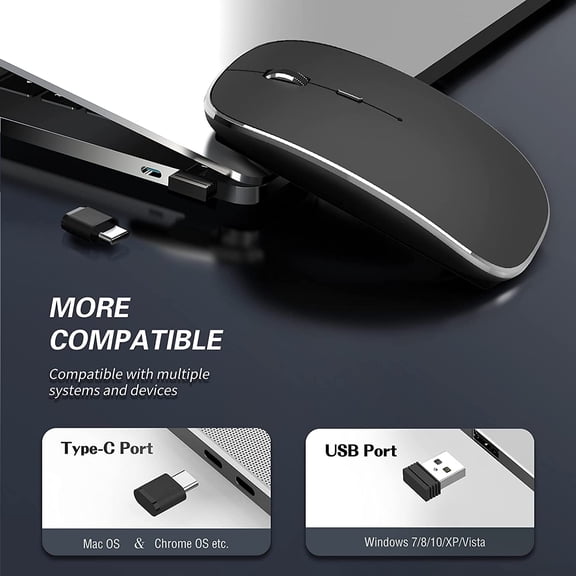 LYUSCI-Wireless Mouse Chargeable Portable Silent USB-A and Type-C Dual Mode Wireless Mouse 3 Adjustable DPI for Laptop, Mac, Android, PC (Q23S Black)