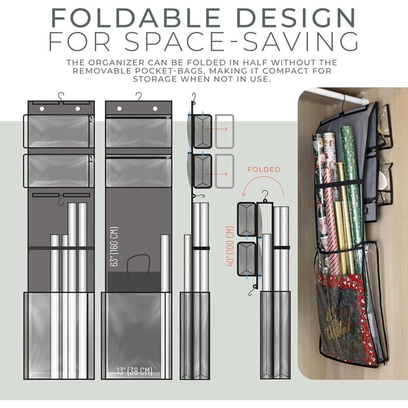 LYUSCI-Wrapping Paper Organizer 63"  Double-Sided Vertical Gift Wrap Holder with 4 Zipper Bags, Transparent Pockets & Hooks  Space-Saving Storage for Gift Paper Rolls, Ribbons & Accessories