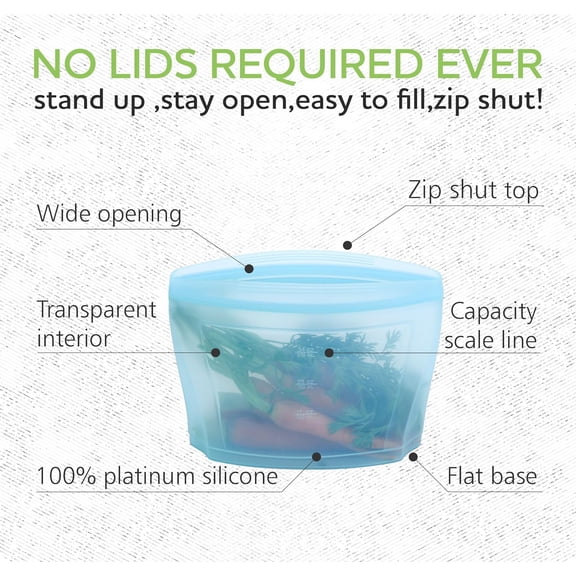 LYUSCI-Zip Standing Reusable food container, silicone bag, 6 Pcs Zip Containers Can be used for fruit and vegetable snacks, etc. Microwave Dishwasher and Freezer Usable (blue)