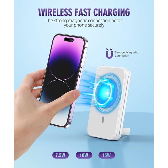 LYUSCI-for Magnetic Power Bank, 6800mAh Wireless Portable Charger with PD30W Fast Charging, Battery Pack Built-in 2 Output Cables for iPhone Series(Silver White)