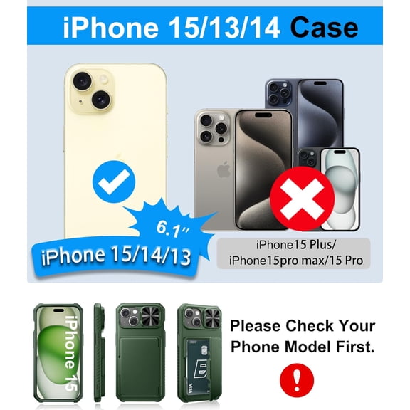 LYUSCI-for iPhone 15, iPhone 14, iPhone 13 Wallet Case with Card Holder(4-5 Cards), Slide Camera Cover, Military & RFID Protection, Heavy Duty Women Men Protective Phone Case for iPhone15/14/13, Gree