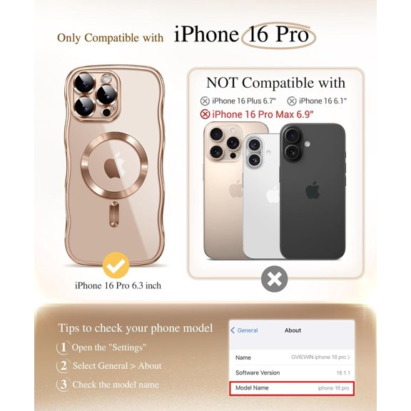 LYUSCI-for iPhone 16 Pro Case Compatible with MagSafe, Upgraded [Full Camera Protection][Cute Wave Frame][Military Grade Protection] Electroplated Soft Phone Cover for Women Girl, Clear/Rose Gold