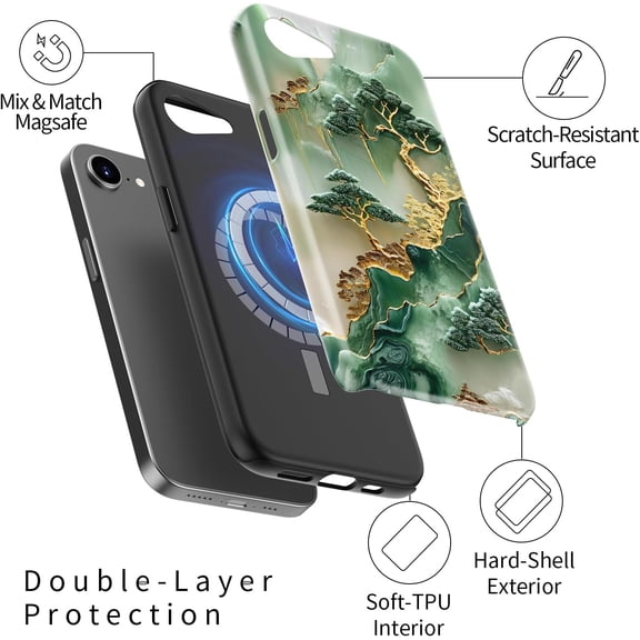 LYUSCI-for iPhone 16e Case - Wireless Charging Compatible - Dual-Layer Hard Shell + Silicone Cover - Shockproof Protective Phone Case with Stylish Designs for Women - Gold Inlaid Jade Carving