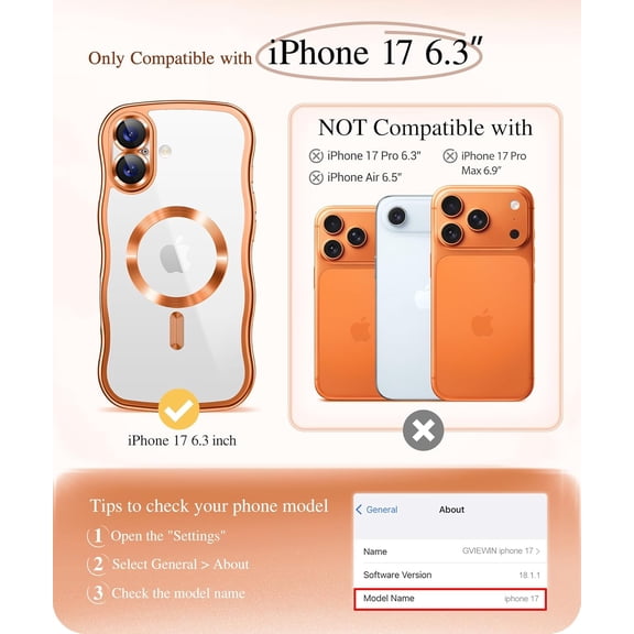 LYUSCI-for iPhone 17 Case Compatible with MagSafe, Upgraded [Full Camera Protection][Cute Wave Frame][Military Grade Protection] Electroplated Hard Phone Cover for Women Girl, Clear/Orange