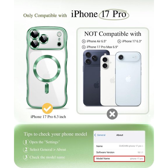 LYUSCI-for iPhone 17 Pro Case Compatible with MagSafe, Upgraded [Full Camera Protection][Cute Wave Frame][Military Grade Protection] Electroplated Hard Phone Cover for Women Girl, Clear/Green