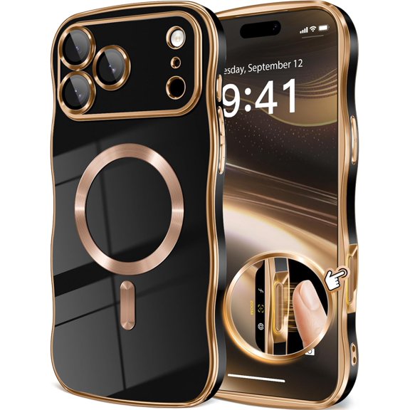 LYUSCI-for iPhone 17 Pro Case Compatible with MagSafe, Upgraded [Full Camera Protection][Cute Wave Frame][Military Grade Protection] Electroplated Hard Phone Cover for Women Girl, Black